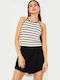 Damen Bluse Ärmellos Gestreift Beige/black