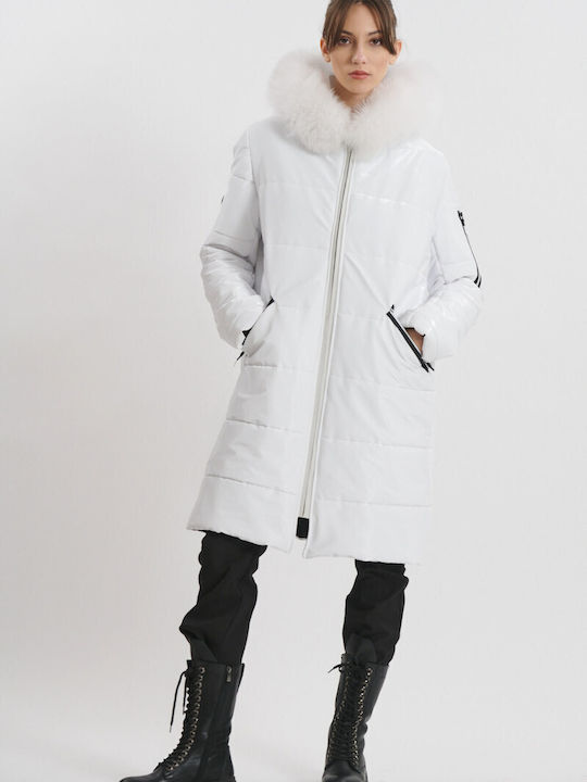Lang Damen Puffer Jacke Wasserdicht und Winddicht mit pelziger Kapuze für Winter Weiß