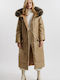 Women's Long Lifestyle Jacket for Winter with Detachable Hood Brown