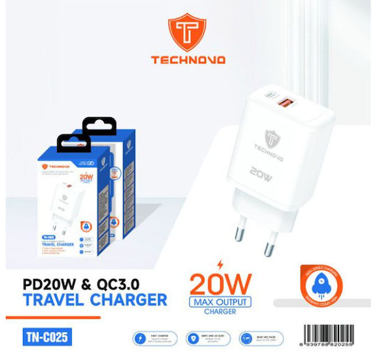 Technovo Încărcător Fără Cablu cu Port USB-A și Port USB-C 20W Quick Charge 3.0 Albς (TN-C025)