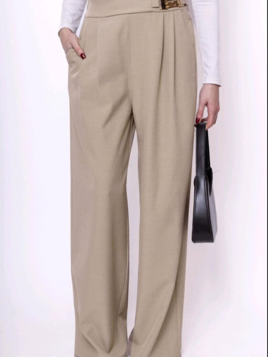 New Collection Women's High Waist Fabric Palazzo Pants Beige