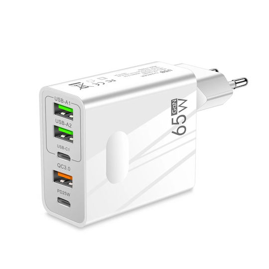 Techsuit Charger Without Cable GaN with 3 USB-A Ports and 2 USB-C Ports 25W Power Delivery / Quick Charge 3.0 Whites (CHC1)