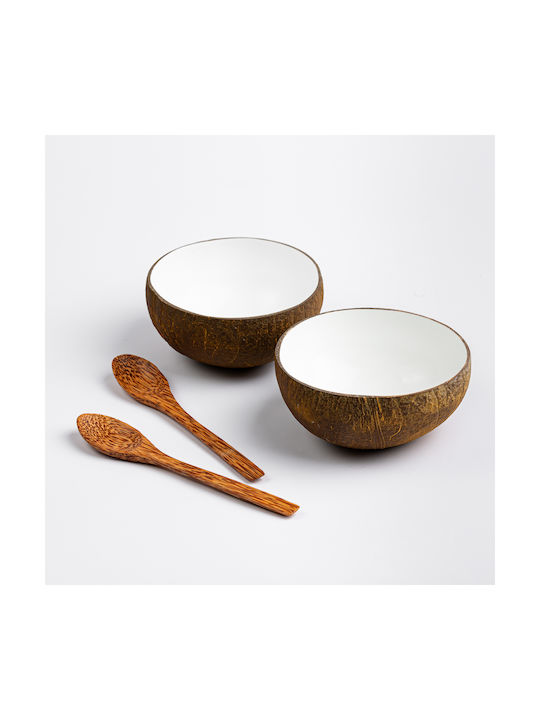 Boluri de Servire Autentice de Cocos 2 Bucăți Strat Intern Alb 2 Linguri Cocos D:12-14 centimetri Înălțime 6-7 centimetri Lățime 480-530ml