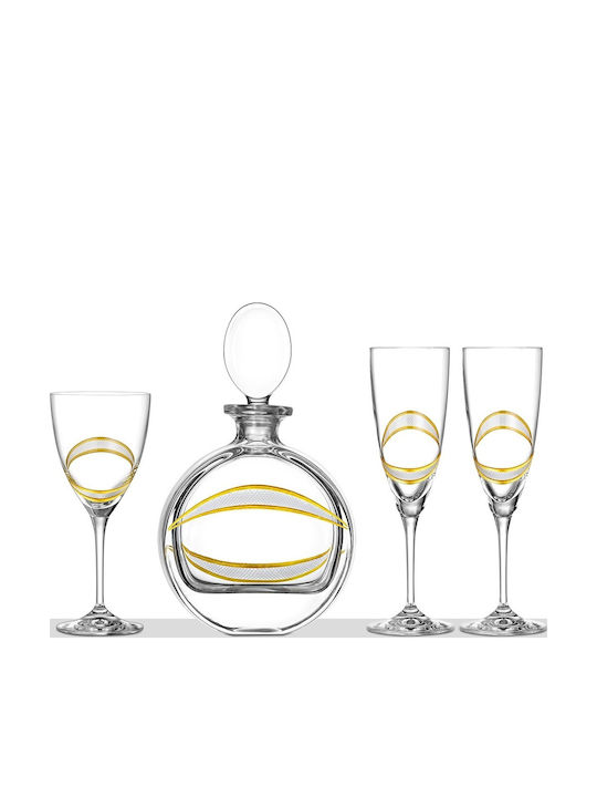 Capolavoro Wedding Carafe Set with Wine & Champagne Glasses made of Crystal Gold 4pcs