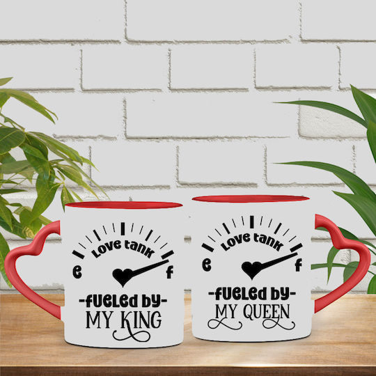 Ceramic Mug Set Heart "Love Tank Fueled By My King-Queen" Suitable Valentine's Day Gift for Couple