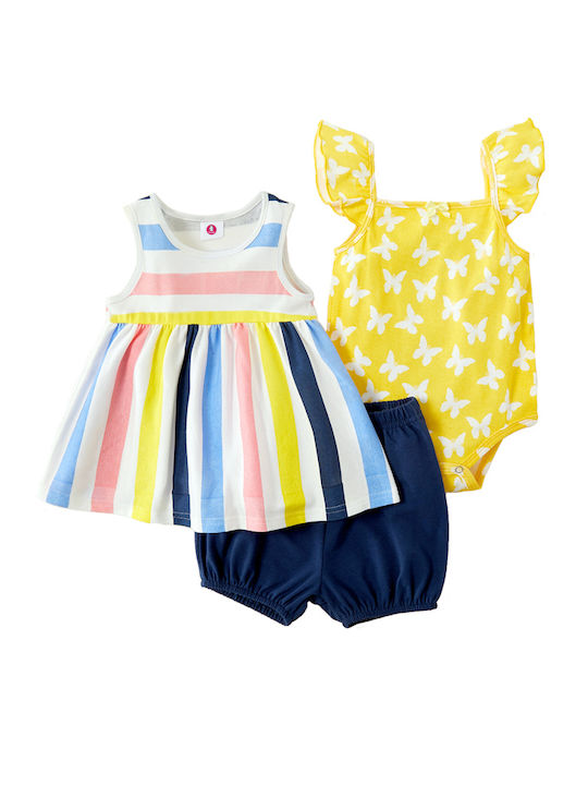 Set De Îmbrăcăminte Pentru Copii 3 Bucăți Rochie Body Pantaloni Scurți Albi Albaștri Galbeni
