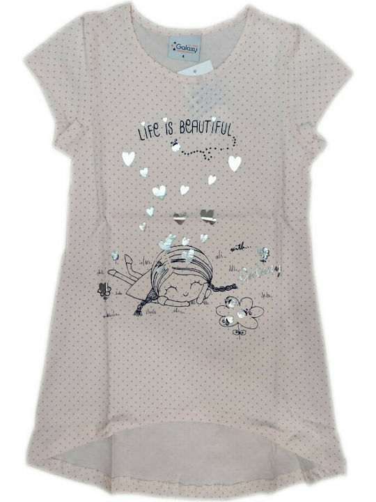 Kids Girls Short Sleeve Nightdress 100% Cotton Pink Candy Dot Pattern Asymmetric Longer Back Code 70-20