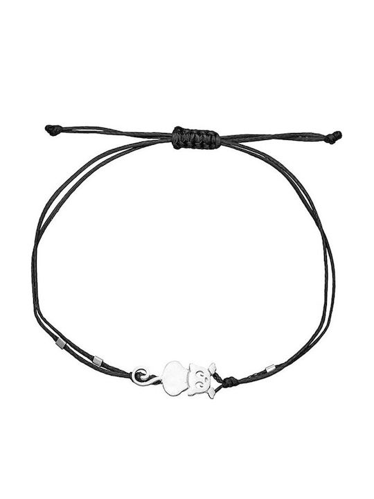 Onirolithi Silbernes Kinderarmband Katze Schwarzes Kordel