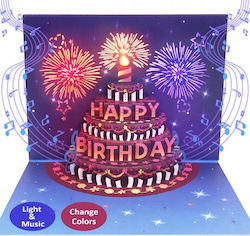 Birthday Greeting Card with Music Light Cake LED Candle Fireworks