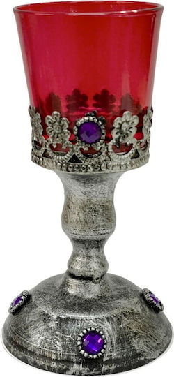 Candelă Metalică Argintie Cupă pentru Lumânare Roșie cu Cristal Mov