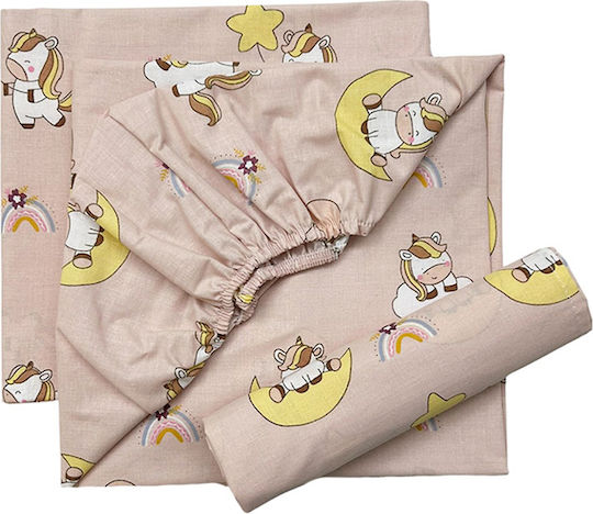 Bunny Bebe Сет Единични Спални Комплекти с Ластик Памучни Unicorn Розови 70x140см