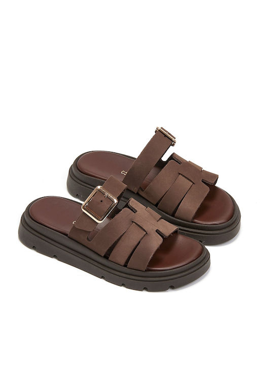 Leather Women's Flat Sandals Flatforms in Brown Color