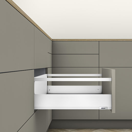 Метален Кош Blum Merivobox Артрикула E Пръчка Галерия Височина 20.9см Дълбочина 50см Товароносимост 40 Кг Бял White Satine
