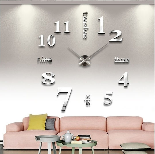 Large 3D Wall Clock Modern Large 3D Wall Clock Numbers Letters DIY Silver Plastic