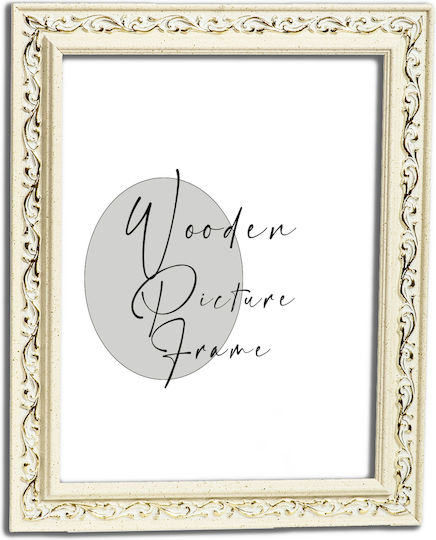 Wooden Wall Photo Frame White Ecru Gold Details On Carvings Matte Glass K2202/3 Photo 40cmx60cm