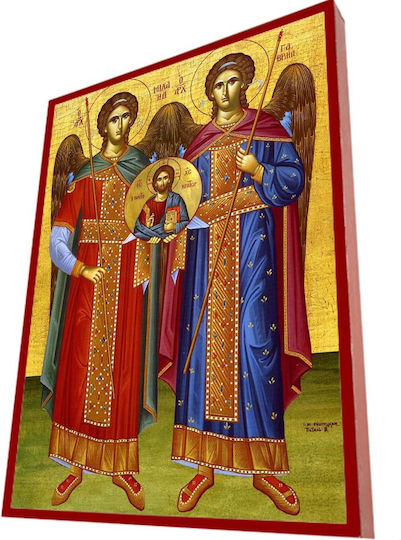 Erzengel Michael & Gabriel – Klassisches Byzantinisches Heiligenikone in Ziegelrot Riga 19cm