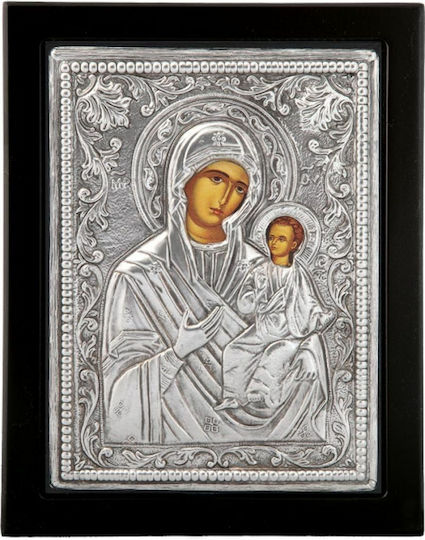 Heiligenikone "Heilige Maria Odigitria" Schwarzes Holz Überzug Blatt Silber 925 Code 105 23x28cm