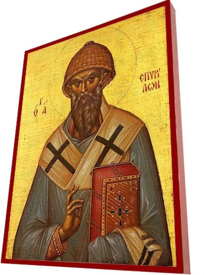 Heiliger Spyridon – Klassisches Byzantinisches Heiligenikone in Ziegelrot, 28cm Riegel