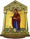 Holy Mary Elderly Woman – Handmade Gold-Plated Ceramic Icon Stand Wooden Base 42cm