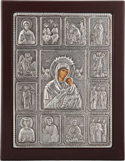 Heiligenikone "εικονοστάσι Παναγία Αμόλυντος" Schwarz Holz Überzug Blatt Silber 925 Code 105 23x28cm