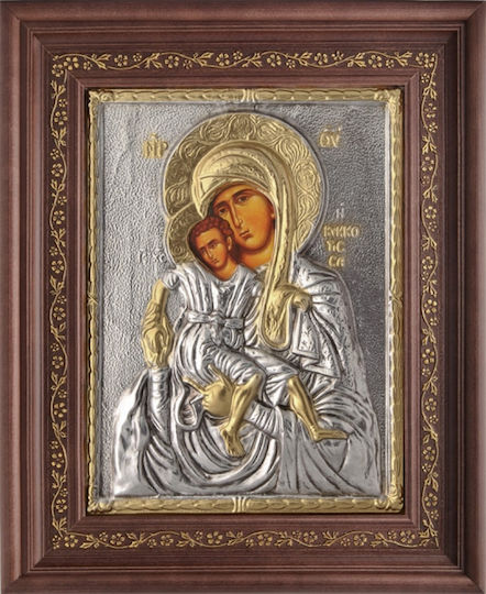Heiligenikone "Panagia tou Kykkou" mit Silberblattüberzug 925 Lokale Vergoldung Code 1001 26x32