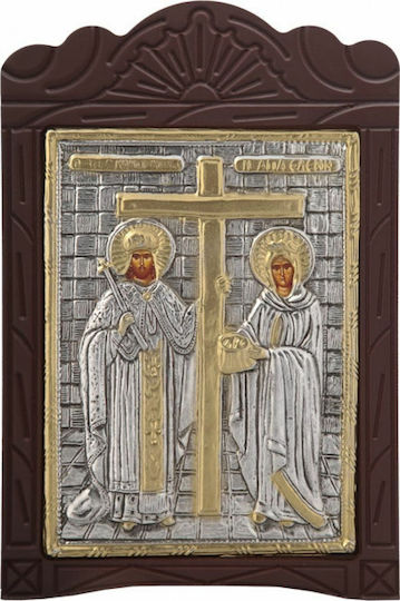 Wood Carved Saint Constantine & Helen Silver Leaf Covering 925 Local Gold Plating Code 203 15x23
