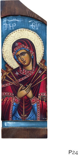 Wooden Saint Icon Mixed Technique Natural Bark 30.0 x 10.0cm Holy Mary Seven-Branch Lamp R24