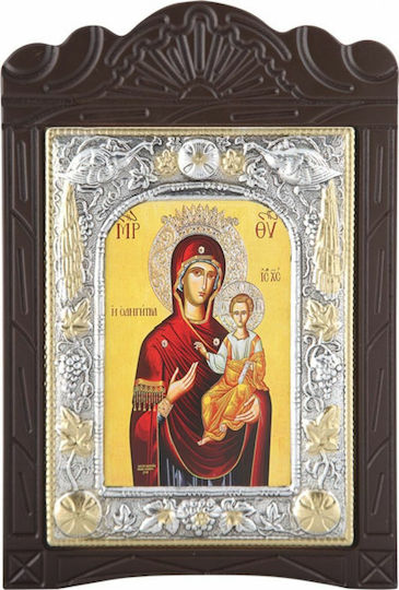 Дърворезба "Дева Мария Одигитрия" Покритие с Фолио Сребро 925 Местно Позлатяване Код 203 15x23
