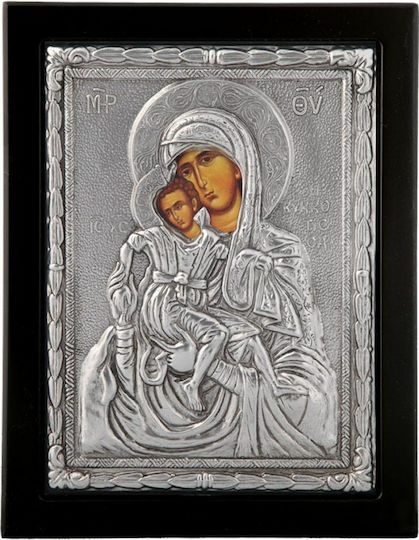 Heiligenikone "Panagia Tou Kykkou" Schwarzes Holz Überzug Blatt Silber 925 Code 104 19x24cm