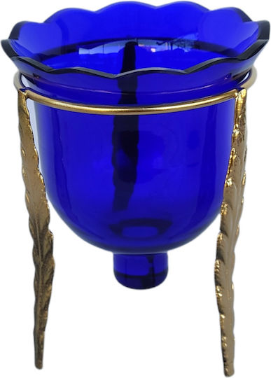 Vigilölampen Tischplatte Olivenöl Glas Blau Basis Dreibein Bronz Maße 15x11cm
