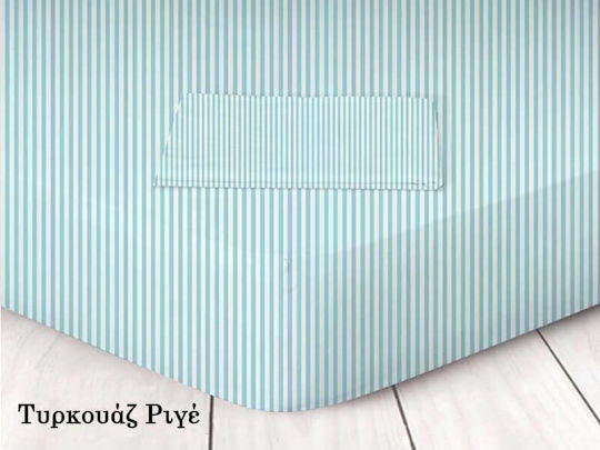 Double Fitted Bed Sheet Turquoise Striped Cotton Clove 160x200+25cm