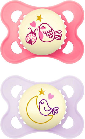 Mam Orthodontic Pacifiers Silicone Night with Case Bird/Moon - Pink / Lilac for 2-6 months 2pcs