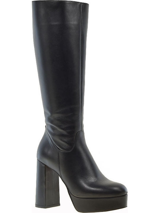 Leder Damenstiefel mit hohem Absatz Schwarz