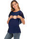 Blue Short Sleeve Nursing-Maternity Top Basic Neckline Summer 2025 Queen Mother