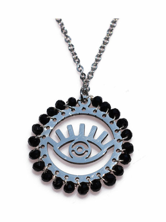 Halskette Aus Stahl Edelstahl Mit Auge Mit Schwarzen Kristallen Silber Bz-nk-00353