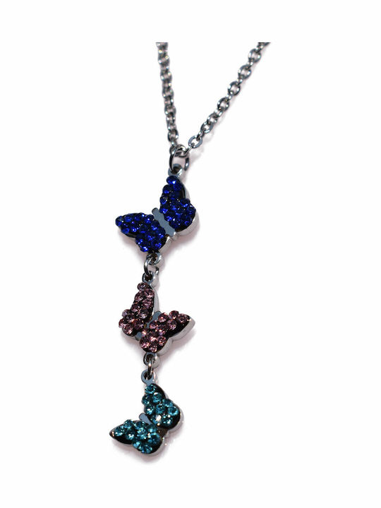 Halskette aus Stahl mit Schmetterlingen und Kristallen Silber Bz-nk-00346