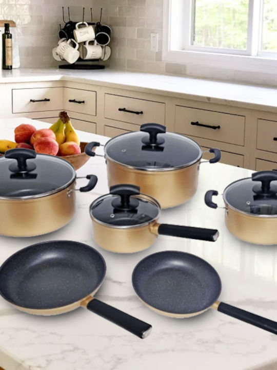 SpitiBazaar Σετ Μαγειρικά Σκεύη από Ανοξείδωτο Ατσάλι Gold με Κεραμική Επίστρωση 10τμχ