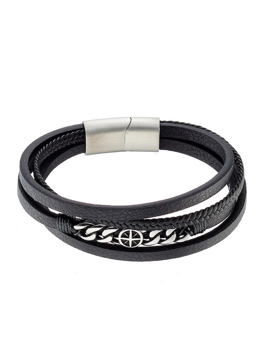 Men's Steel 316L Bracelet Black Leather Silver Art 00528
