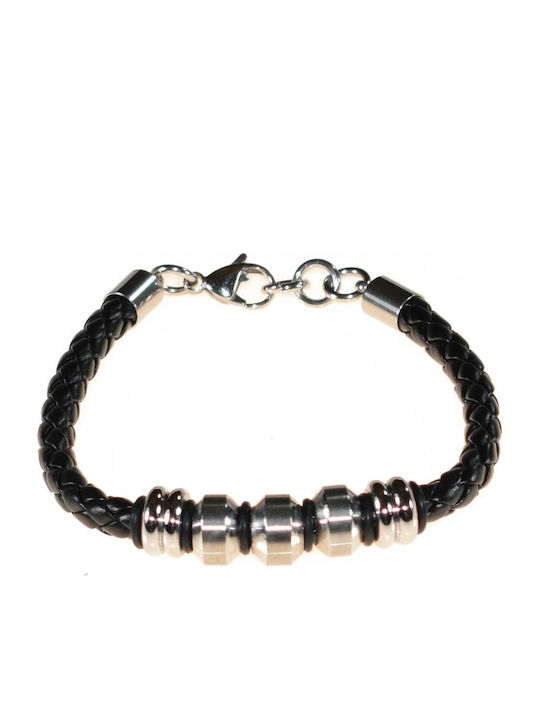 Мъжка Гривна От Стомана Stainless Steel Кожа Сребриста Черна Bz-br-00223