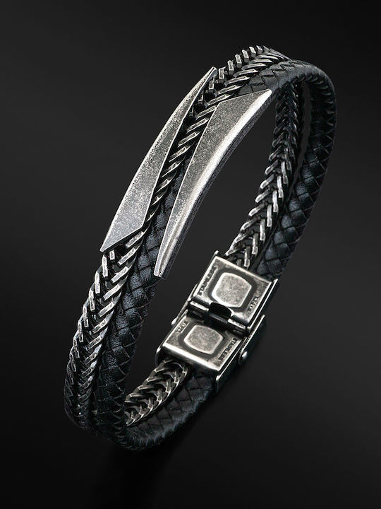 Tribute Männer Armband Edelstahl Stahl Schwarzes Leder Kette Schwarzes Vergoldet