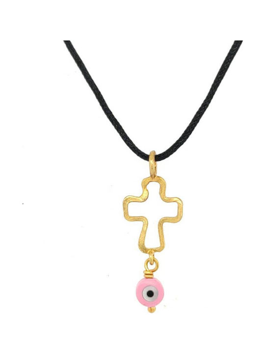 Children's Pendant Cross Evil Eye Pink Black Cord Gold 14K 585°