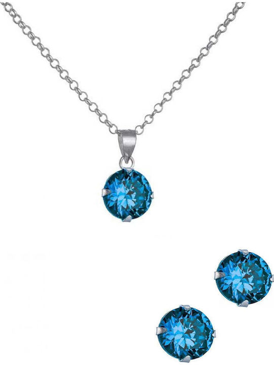 Silver 925 Jewelry Set Consisting Of Necklace & Earrings Blue Zircon Stones Set-218000w