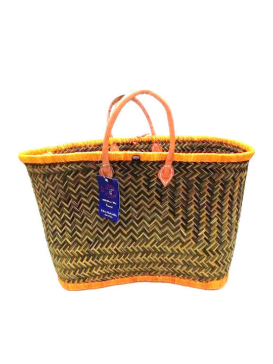 Handmade Beach Bag Shoulder Leather Handle Yellow Brown 33x60cm