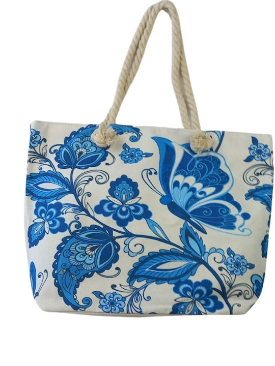 Τσάντα Θαλάσσης Im Linen Λευκή Μπλέ Λουλούδια 52x38x15cm