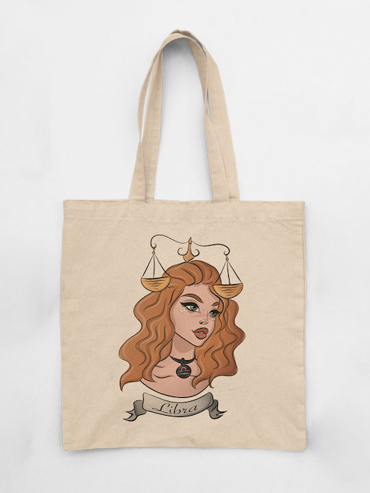 Cotton Fabric Shoulder Bag Ecru Zodiac Sign "Libra"