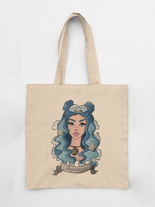 Cotton Fabric Shoulder Bag Ecru Zodiac Sign "Aquarius"