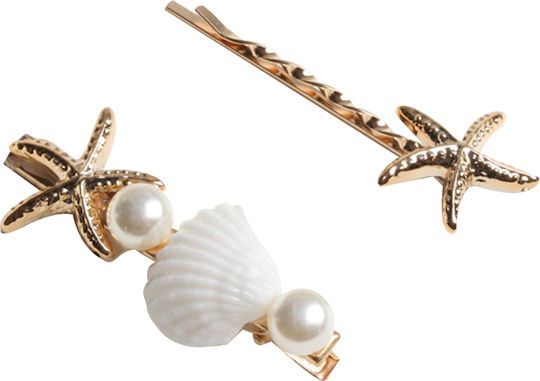Set 2 Hair Pins Length 6.5cm Pearls Shells Gold Golden