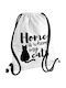 Home Is Where My Cat Is Backpack Gymbag White Pocket 40x48cm & Thick Cords