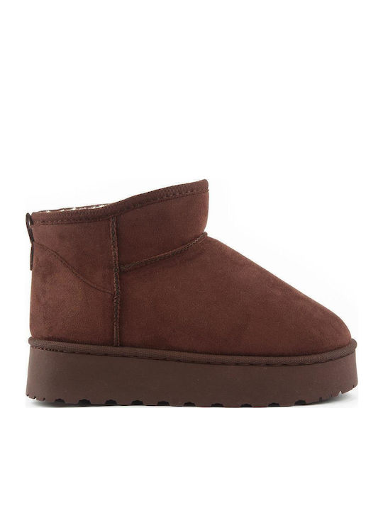 Fshoes Suede Γυναικεία Μποτάκια με Γούνα Καφέ