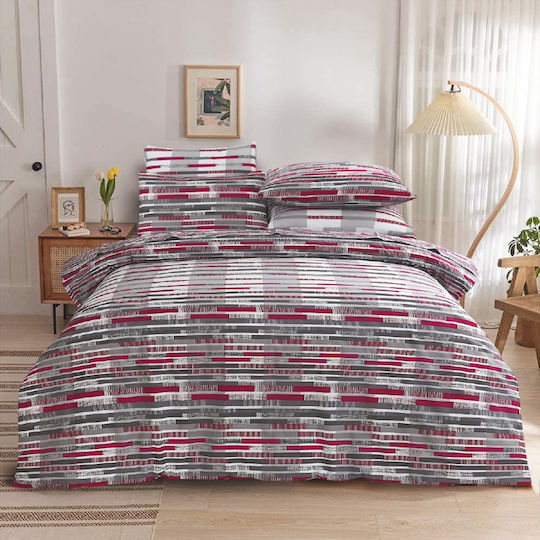 Casa Colori Duvet Cover Double 100% Cotton 200x240 Grey-Red Stripe